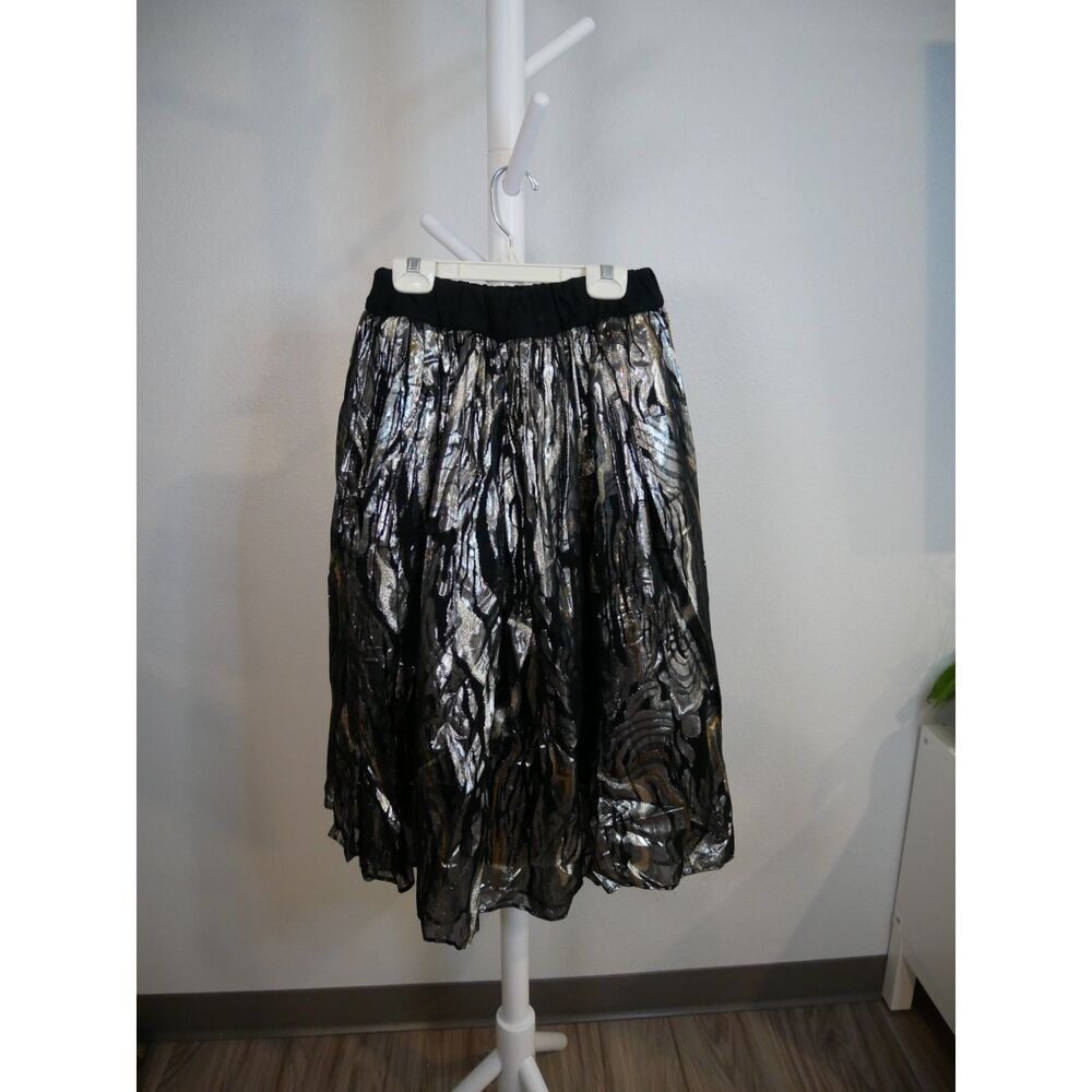 Metallic Silver Black Full Midi Skirt Elastic Waist Sheer Party Statement